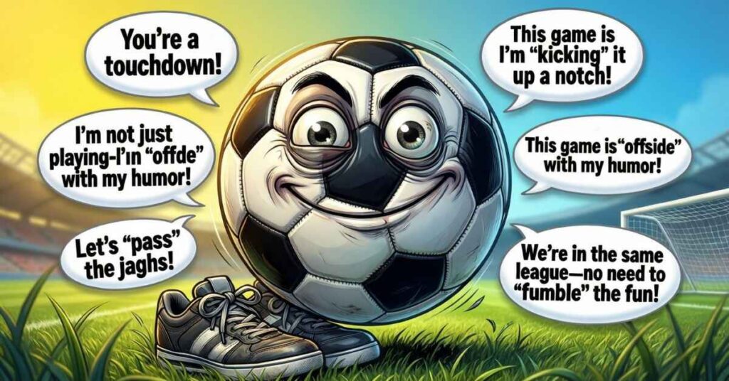 An animated soccer ball with a wide, mischievous grin and human-like eyes is surrounded by speech bubbles. The bubbles contain various football puns and jokes such as "You’re a touchdown!" and "This game is 'offside' with my humor!"