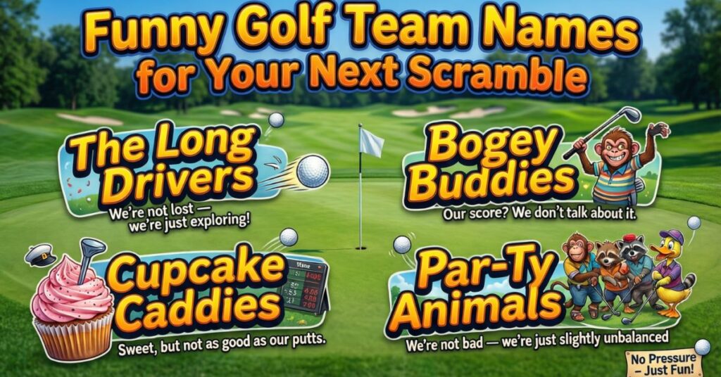An image titled "Funny Golf Team Names for Your Next Scramble" showcasing four distinct team identities: "The Long Drivers" (with a flying ball), "Bogey Buddies" (featuring a monkey with a club), "Cupcake Caddies" (showing a cupcake with a tee), and "Par-Ty Animals" (depicting a group of cartoon forest creatures)