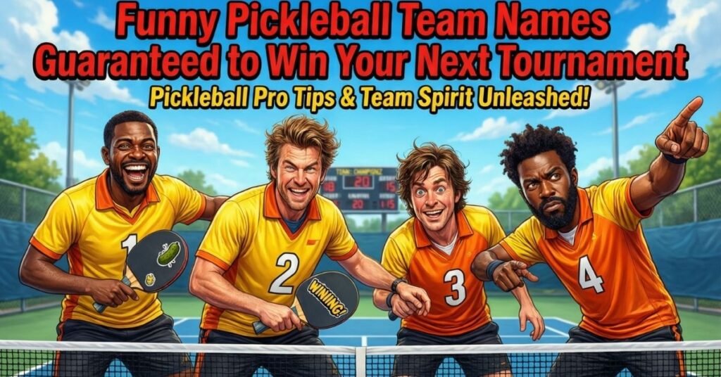 An illustration of four diverse, smiling men in yellow and orange team jerseys standing on a pickleball court. The header reads "Funny Pickleball Team Names Guaranteed to Win Your Next Tournament". One player holds a paddle that says "WINNING!" while a scoreboard in the background shows a close game