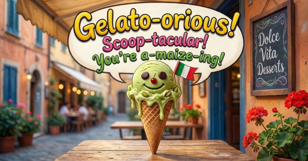 A smiling green gelato cone with a small Italian flag stands on a wooden table in a blurry European alleyway. Large text overhead reads "Gelato-orious! Scoop-tacular! You're a-maize-ing!"