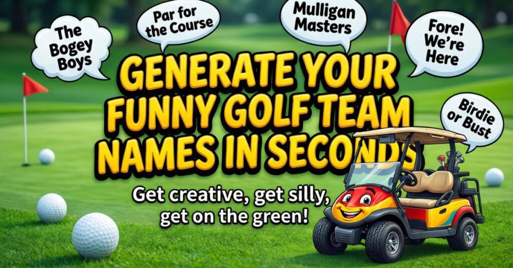 A graphic featuring a cheerful, anthropomorphic red and yellow golf cart on a green course. The header reads "Generate Your Funny Golf Team Names in Seconds," while speech bubbles above suggest names like "The Bogey Boys," "Mulligan Masters," and "Birdie or Bust"