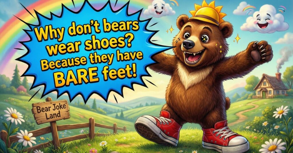 A brown bear wearing a yellow sun hat and red sneakers stands in a flowery meadow under a rainbow. A large blue burst bubble asks, "Why don't bears wear shoes? Because they have BARE feet!"