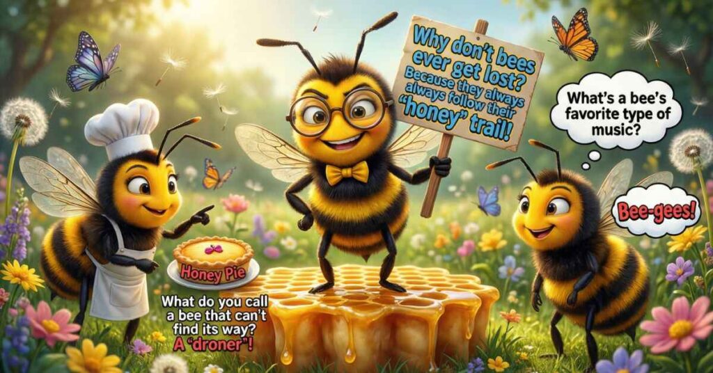 Three distinct cartoon bees a baker, a traveler with glasses, and a music fan stand in a flower garden near a large piece of honeycomb. They share various jokes, including one about "Bee-gees" being a favorite music type