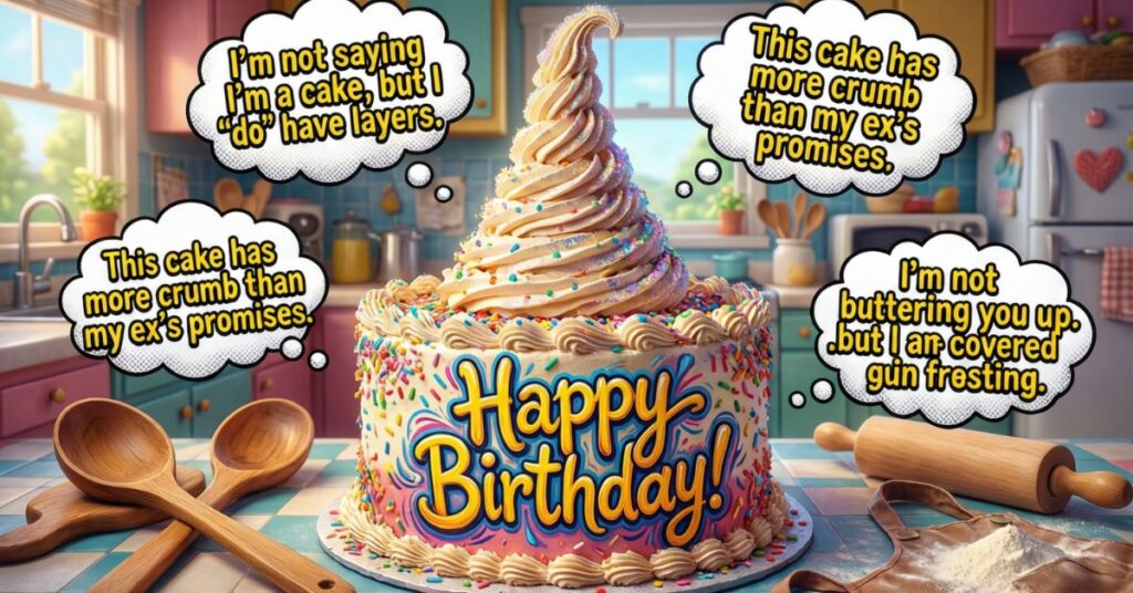 A colorful "Happy Birthday!" cake with a tall swirl of frosting is positioned in a kitchen. Multiple thought bubbles emerge from the cake, featuring jokes such as "This cake has more crumb than my ex's promises."