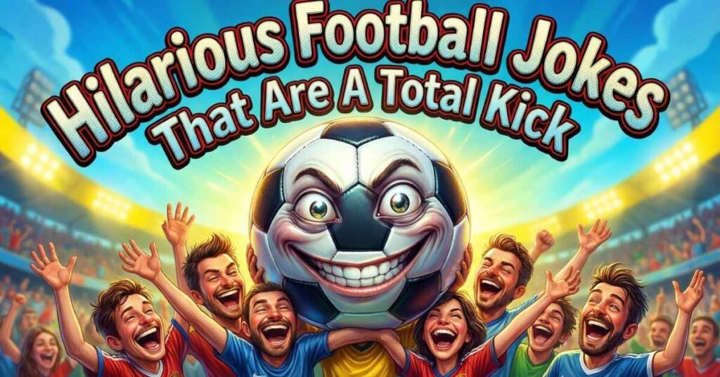 A group of cheering fans in a stadium are seen from the waist up, raising their arms in celebration. In the center, a giant soccer ball with a smiling face is being held aloft below the title "Hilarious Football Jokes That Are A Total Kick."