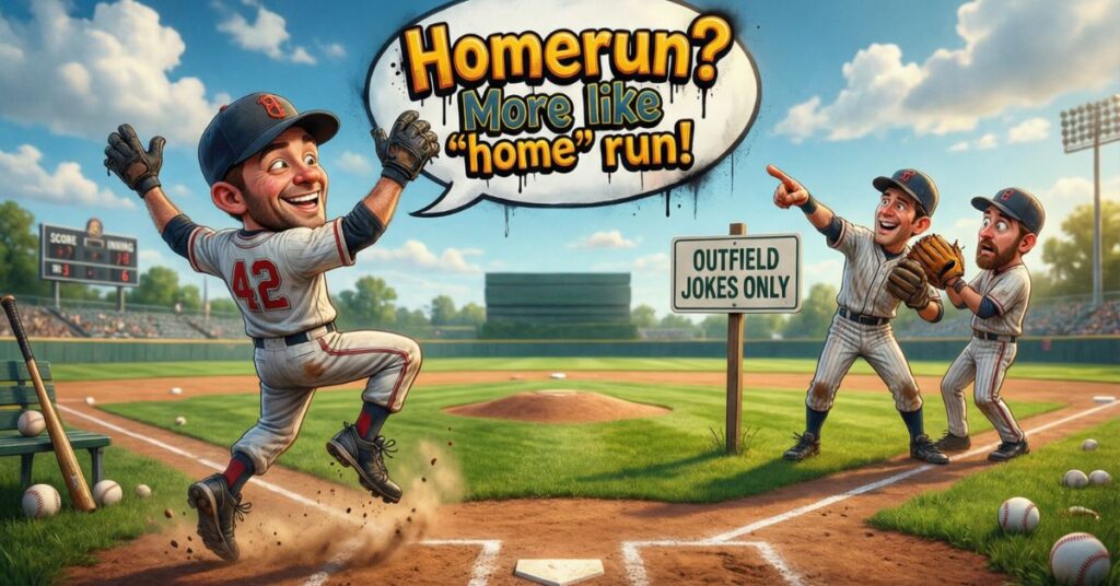 A humorous scene on a baseball field where a player wearing number 42 is jumping for joy. A large spray-painted style speech bubble above him reads "Homerun? More like 'home' run!" while two other players stand by a sign that says "OUTFIELD JOKES ONLY." This graphic captures lighthearted baseball puns often shared in the dugout
