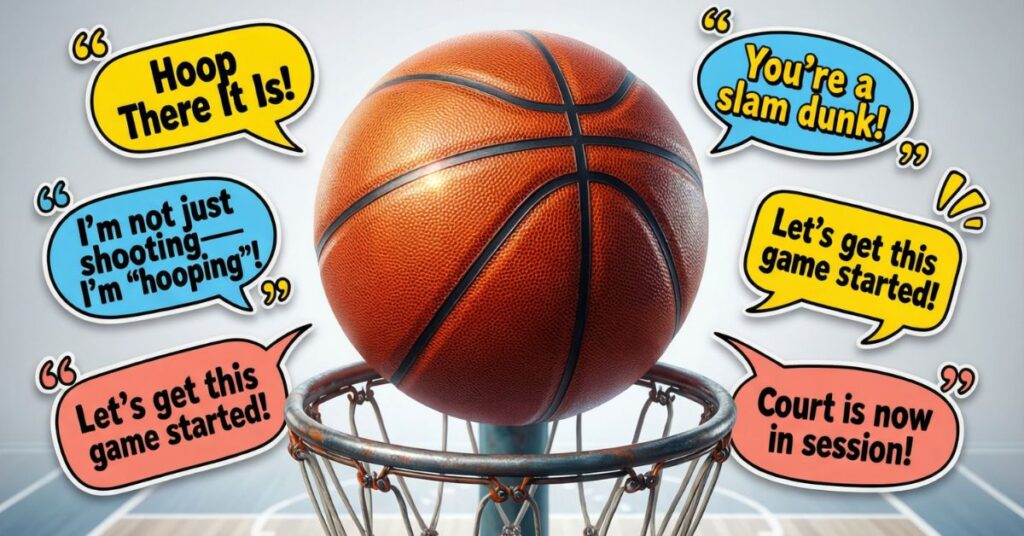 A central basketball is shown floating above a rim, surrounded by several speech bubbles containing basketball puns. The bubbles feature phrases like "Hoop There It Is!", "You're a slam dunk!", and "I'm not just shooting, I'm 'hooping'!", all set against a clean, light blue court background