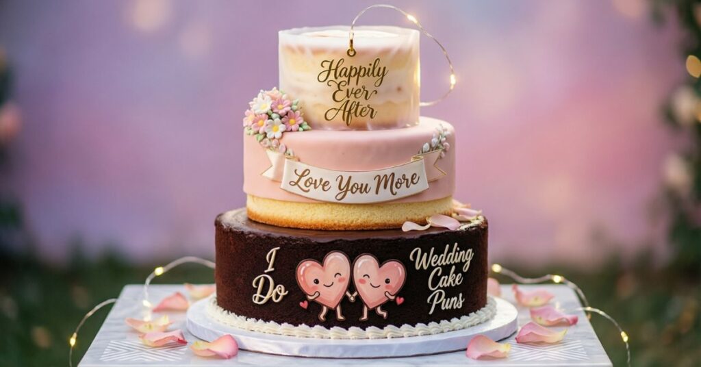 A sophisticated three-tier wedding cake with chocolate, vanilla, and pink layers. The chocolate base tier features two cartoon hearts holding hands next to the text "Wedding Cake Puns."
