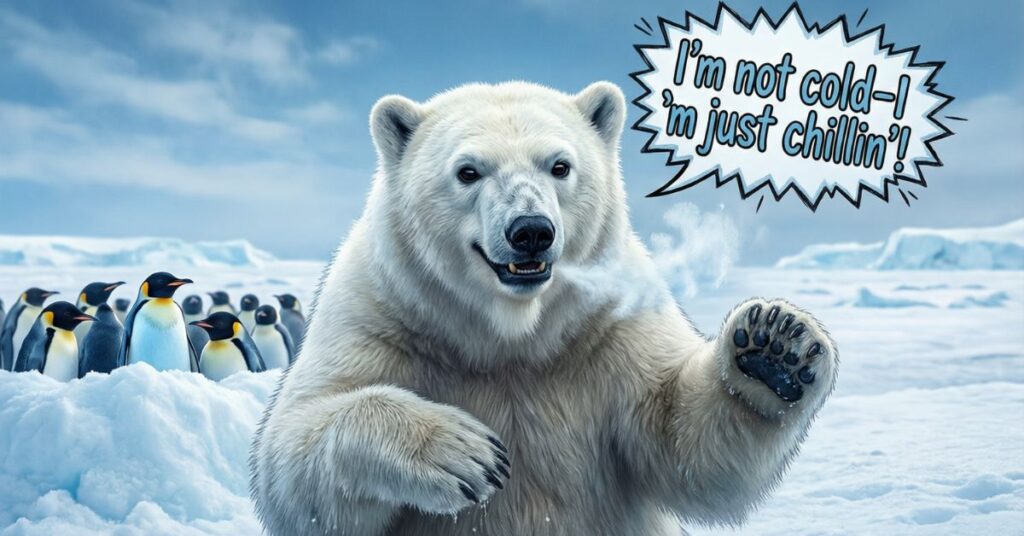 A large polar bear sits in a snowy arctic landscape with a group of penguins in the background. A jagged speech bubble above the bear reads, "I'm not cold I'm just chillin'!", providing a great visual for winter-themed bear puns