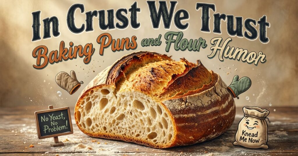 A rustic loaf of sourdough bread is the centerpiece of this graphic titled "In Crust We Trust: Baking Puns and Flour Humor". The scene includes a small chalkboard saying "No Yeast, No Problem!" and a flour bag character, illustrating the crossover between bread and pie puns