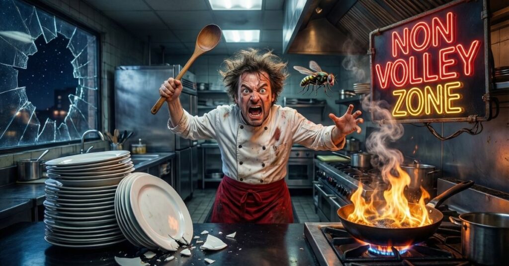 A chaotic scene in a professional kitchen where a stressed chef with wild hair brandishes a wooden spoon. In the background, a glowing neon sign reads "NON VOLLEY ZONE". The scene is filled with steam, fire in a pan, and broken plates, humorously literalizing the "kitchen" term in pickleball.