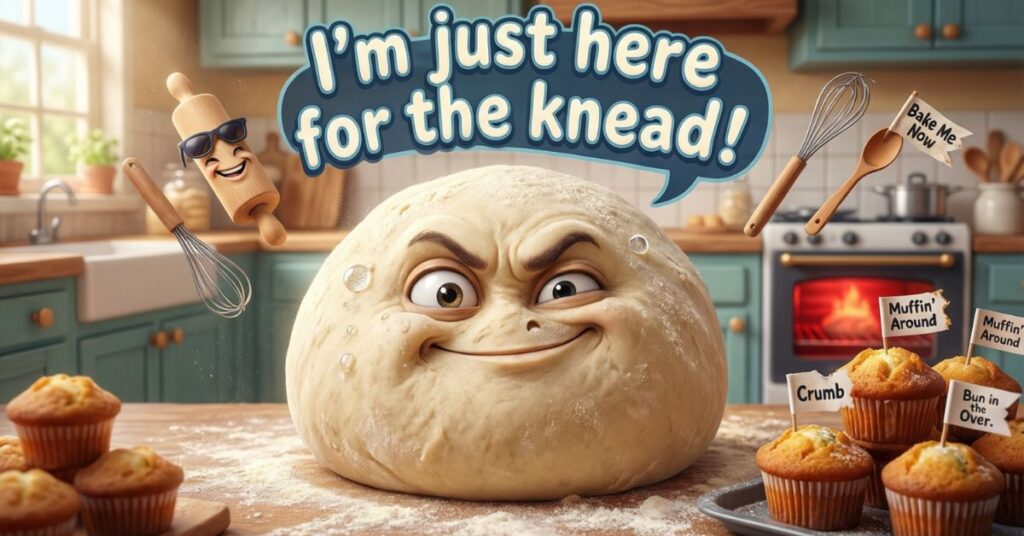 A large, determined-looking ball of raw dough with a face sits on a flour-covered kitchen counter. The scene is filled with baking-themed humor, including a speech bubble reading "I'm just here for the knead!" and several muffins holding tiny flags with bread puns like "Muffin' Around" and "Bun in the Oven."
