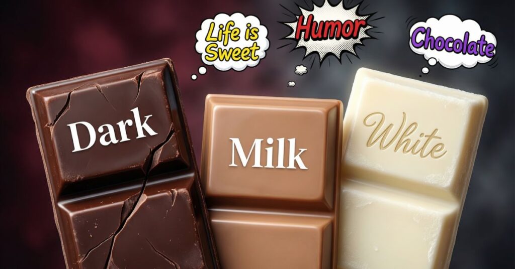 A minimalist graphic showing three large blocks of chocolate side-by-side: Dark, Milk, and White. Above them are comic-style thought bubbles with the words "Life is Sweet," "Humor," and "Chocolate," creating a visual bridge between the different varieties and general chocolate puns