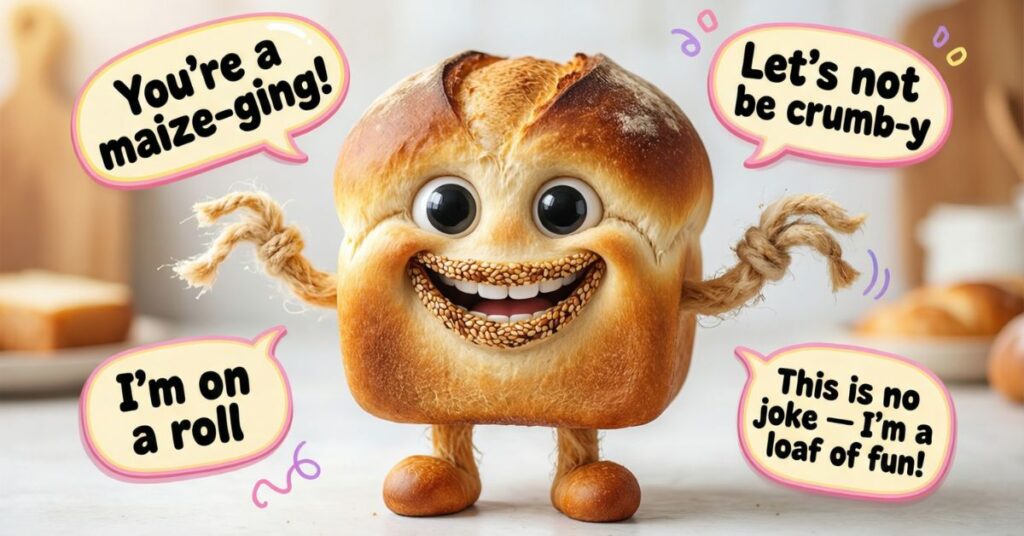 A whimsical character made of a loaf of white bread with large eyes, a sesame-seed smile, and rope-like arms and legs. Four pink speech bubbles surrounding the character feature various bread puns, such as "I'm on a roll" and "This is no joke I'm a loaf of fun!"