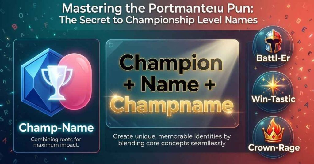 An infographic titled "Mastering the Portmanteau Pun" explains how to create "Championship Level Names" by blending words. It features a central formula, "Champion + Name = Champname," and lists three examples with icons: Battl-Er (helmet), Win-Tastic (star), and Crown-Rage (flaming crown)