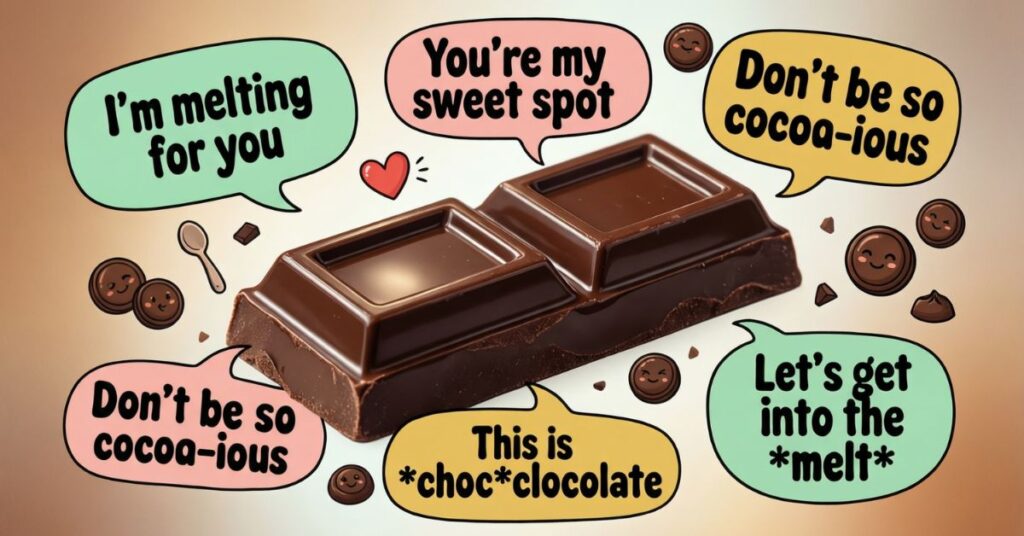 A simple but effective graphic showing a two-segment dark chocolate bar in the center. It is surrounded by several colorful speech bubbles featuring romantic chocolate puns such as "I’m melting for you," "Don’t be so cocoa-ious," and "You’re my sweet spot."