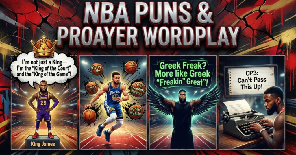 A four-panel graphic titled "NBA Puns & Proayer Wordplay". It features stylized versions of famous players with related jokes: LeBron James as the "King of the Court," Stephen Curry with "Curry Up" basketballs, Giannis Antetokounmpo as the "Greek Freakin' Great," and Chris Paul with a pun about passing
