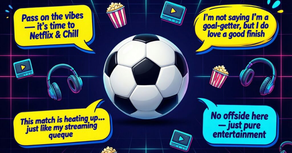 A vibrant graphic featuring a soccer ball surrounded by neon speech bubbles that mix sports and entertainment, with phrases like "Netflix & Chill" and "Streaming queue."
