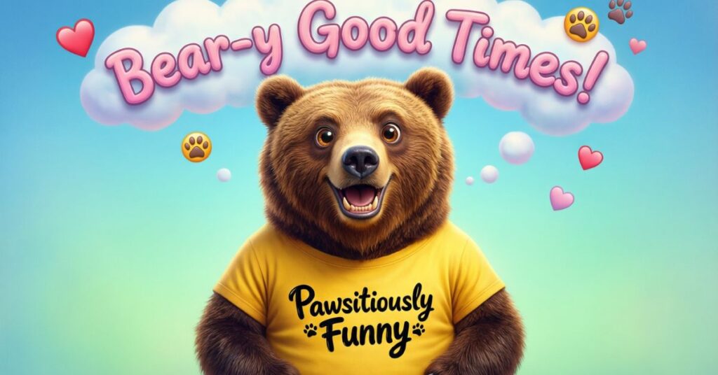 A smiling brown bear wearing a yellow t-shirt that says "Pawsitiously Funny" stands under a cloud-shaped sign that reads "Bear-y Good Times!". The background is a soft blue gradient decorated with paw prints and hearts.