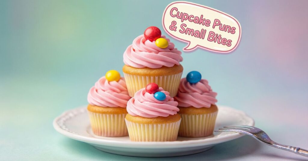 A stack of four vanilla cupcakes with pink swirl frosting and colorful candy toppers sits on a white plate. A pink speech bubble above them reads "Cupcake Puns & Small Bites."