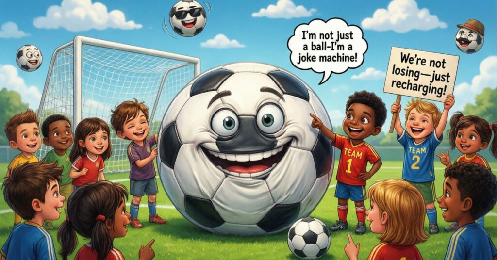 A whimsical scene on a field where a giant smiling soccer ball tells a group of children, "I’m not just a ball, I’m a joke machine!" as part of a collection of soccer puns.