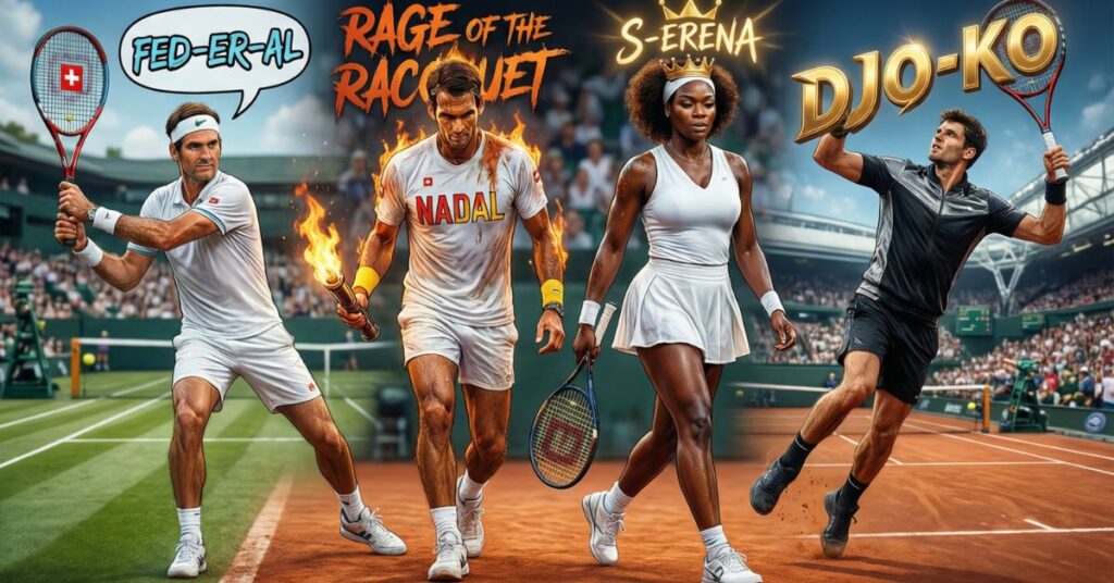 A stylized composite image of tennis icons in action on various court surfaces. It features Roger Federer with the pun "FED-ER-AL," Rafael Nadal on a clay court titled "RAGE OF THE RACQUET," Serena Williams as "S-ERENA" with a crown, and Novak Djokovic as "DJO-KO." This creative use of tennis puns celebrates the sport's greatest champions