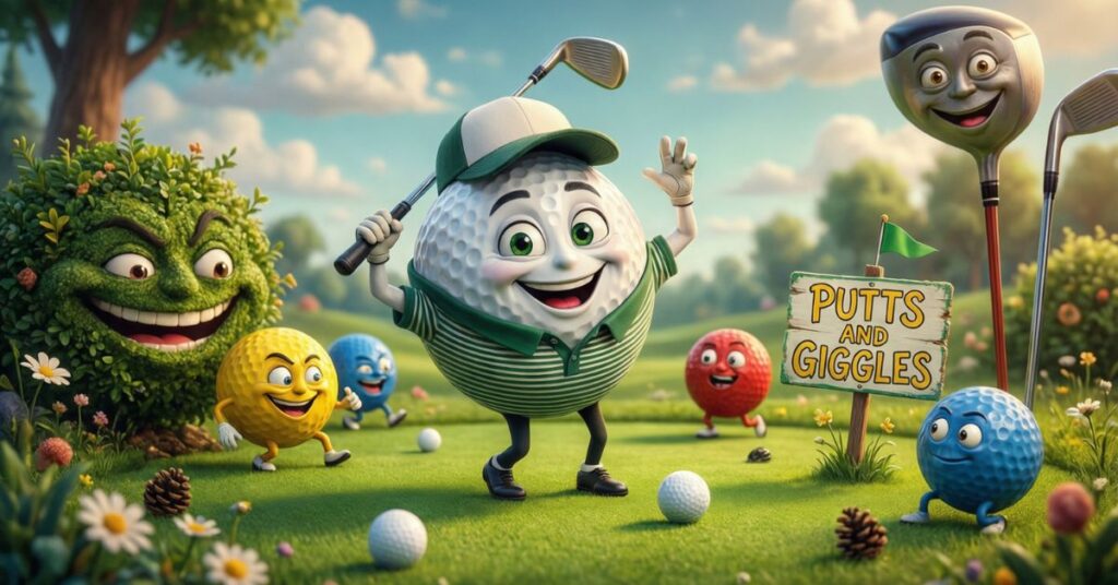 A whimsical scene on a golf course where several colorful, anthropomorphic golf balls are gathered around a wooden sign that says "Putts and Giggles". A large, smiling white golf ball in a green hat and shirt stands in the center, surrounded by a grumpy-faced bush and other laughing balls