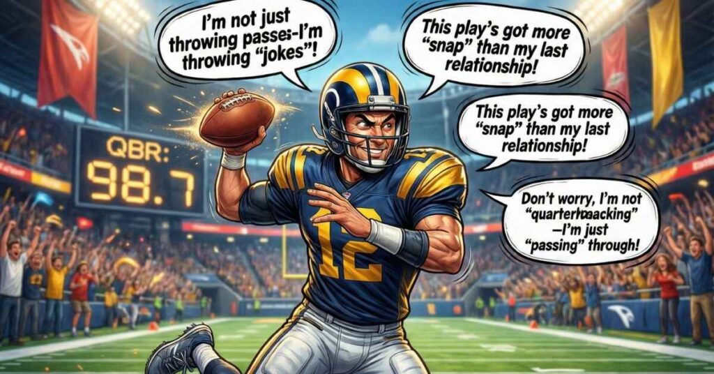 An American football player in a blue and yellow uniform with a ram horn helmet stands in a stadium, preparing to throw a glowing ball. He is surrounded by speech bubbles featuring football puns like "This play’s got more 'snap' than my last relationship!" and "I’m not just throwing passes, I’m throwing 'jokes'!"