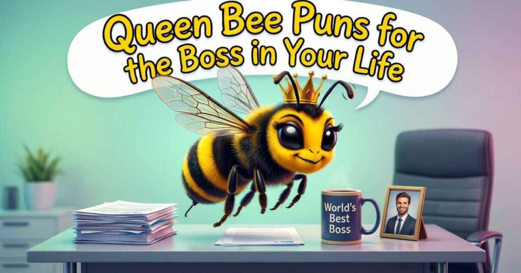 A regal queen bee wearing a golden crown flies in a modern office setting above a desk. The desk holds a "World's Best Boss" mug and a framed photo, while a large speech bubble above reads "Queen Bee Puns for the Boss in Your Life"
