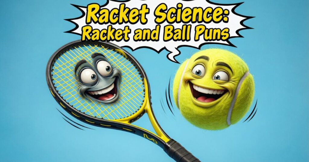 A whimsical cartoon titled "Racket Science: Racket and Ball Puns." It depicts a personified tennis racket with a wide, toothy grin looking at a fuzzy yellow tennis ball that also has a joyful, laughing face, both set against a solid blue background