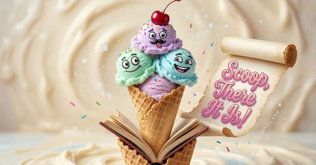 Three scoops of ice cream with cute faces (mint, strawberry, and blueberry) sit atop a waffle cone that is emerging from an open book. A parchment scroll to the right features the ice cream puns phrase "Scoop, There It Is!" in stylized pink lettering