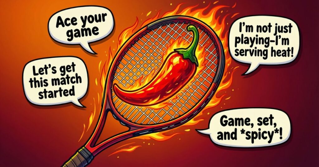 A bold graphic featuring a tennis racket with a large, flaming red chili pepper in the center of the strings. Speech bubbles around the racket display fiery tennis puns such as "I'm not just playing, I'm serving heat!" and "Game, set, and spicy!"