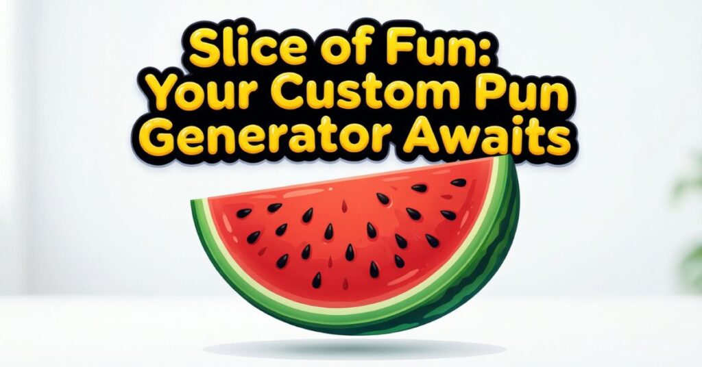 A graphic featuring a realistic slice of watermelon below the bold yellow text "Slice of Fun: Your Custom Pun Generator Awaits". This visual serves as a creative header for a collection of fruit and pie puns