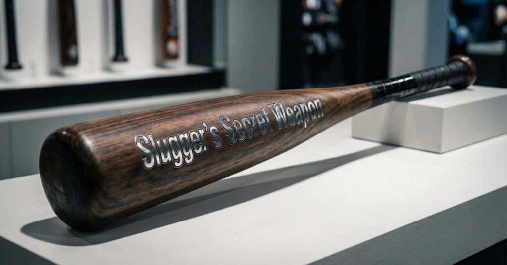 A high-resolution close-up of a professional-grade wooden baseball bat resting on a white display pedestal. The words "Slugger’s Secret Weapon" are elegantly engraved into the dark wood in silver metallic lettering, set against a blurred museum-style background with other bats