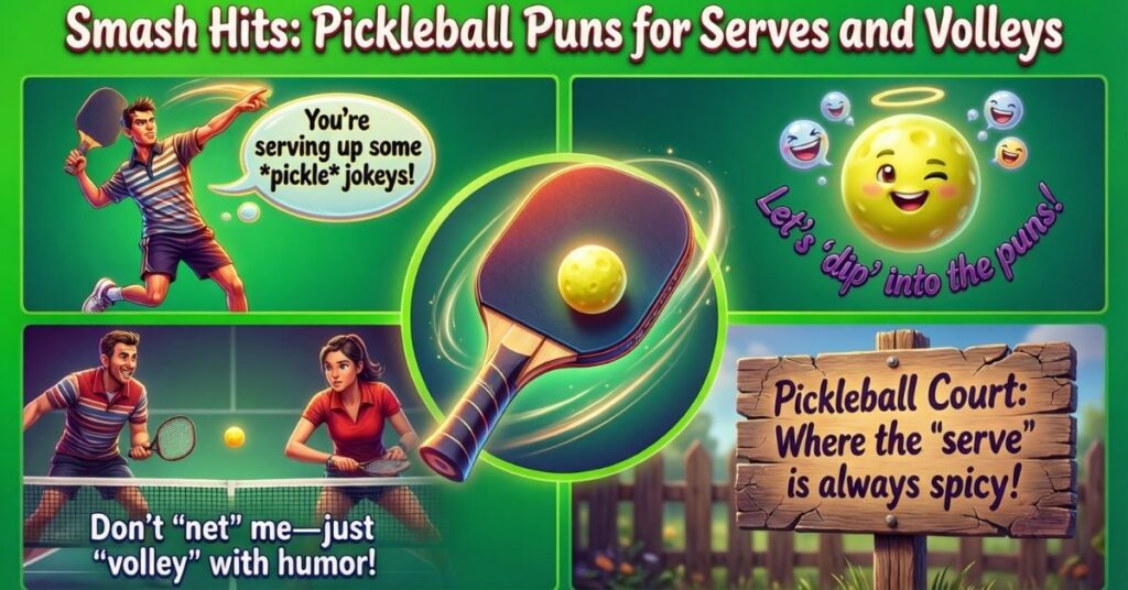 A four-panel collage titled "Smash Hits: Pickleball Puns for Serves and Volleys". It features various puns like "Don't 'net' me—just 'volley' with humor!" and a wooden sign that says "Pickleball Court: Where the 'serve' is always spicy!" alongside illustrations of players and a winking yellow ball