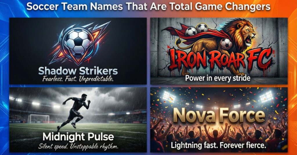 A multi-panel graphic showcasing "Soccer Team Names That Are Total Game Changers," featuring intense imagery like a lion for "Iron Roar FC" and a runner for "Midnight Pulse" alongside soccer puns