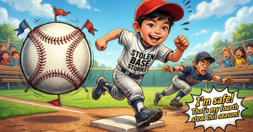 A whimsical illustration of a young boy in a baseball uniform sprinting toward a base while holding a massive, flag-filled baseball. The text on his jersey reads "STOLEN BASE STORIES" and a speech bubble from a frustrated player in the background says, "I'm safe! That's my fourth steal this season!", making clever use of baseball puns regarding base running