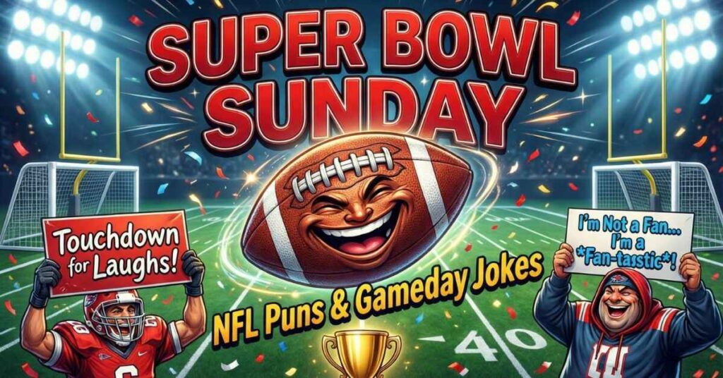 A festive "Super Bowl Sunday" graphic featuring an American football with a large, laughing face in the center of a field. Fans in the foreground hold signs with football puns such as "Touchdown for Laughs!" and "I'm Not a Fan... I'm a Fan-tastic!"