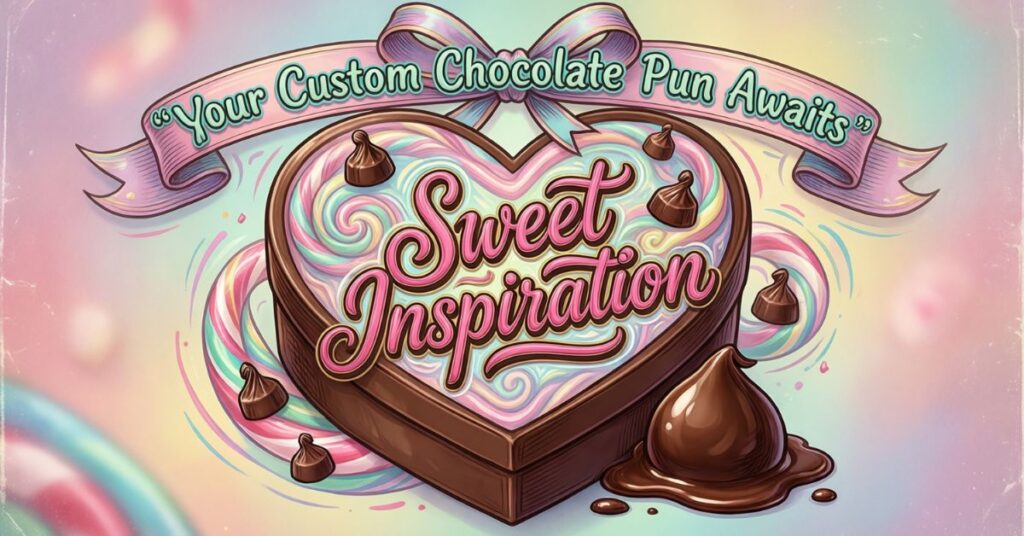 A romantic and artistic graphic featuring a heart-shaped box filled with swirling pastel-colored chocolate and topped with chocolate kisses. A pink ribbon draped across the top reads "Sweet Inspiration," with the tagline "Your Custom Chocolate Pun Awaits" written in elegant script above it