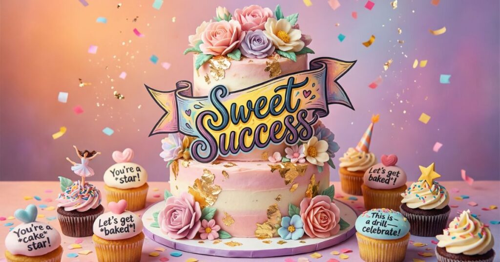 A two-tiered pink and white cake decorated with flowers and gold leaf features a "Sweet Success" banner. It is surrounded by cupcakes with individual toppers such as "You're a cake star!" and "Let's get baked!"