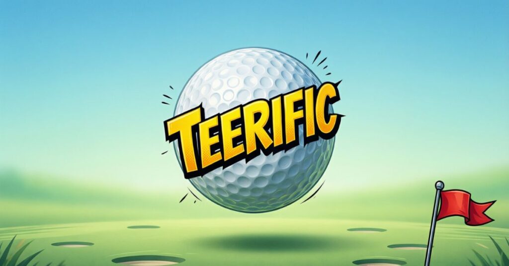 A simple, high-impact graphic showing a white golf ball hovering mid-air over a green hole. The word "TEERIFIC" is emblazoned across the ball in bold, comic-book style yellow letters with a red flag visible in the background