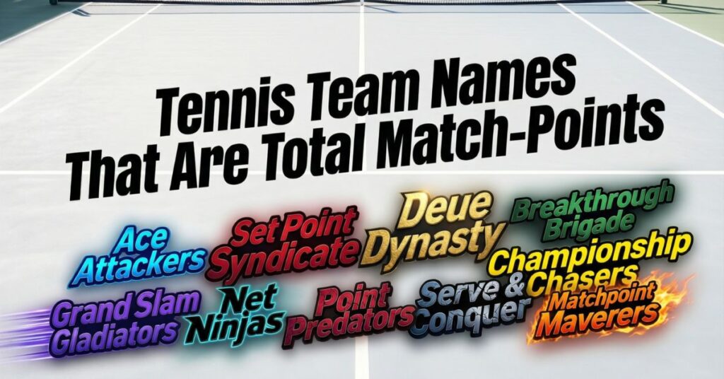 A clean graphic titled "Tennis Team Names That Are Total Match-Points" displayed over a white tennis court. It lists ten stylized, colorful team names including "Ace Attackers," "Set Point Syndicate," "Deuce Dynasty," and "Net Ninjas."