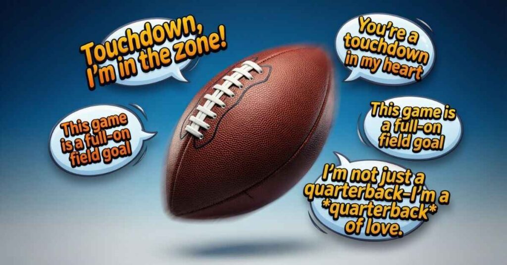 A realistic American football floats in the center of a blue-to-white gradient background. It is encircled by light blue speech bubbles containing romantic and game-related football puns, including "You’re a touchdown in my heart" and "I’m not just a quarterback, I’m a quarterback of love."