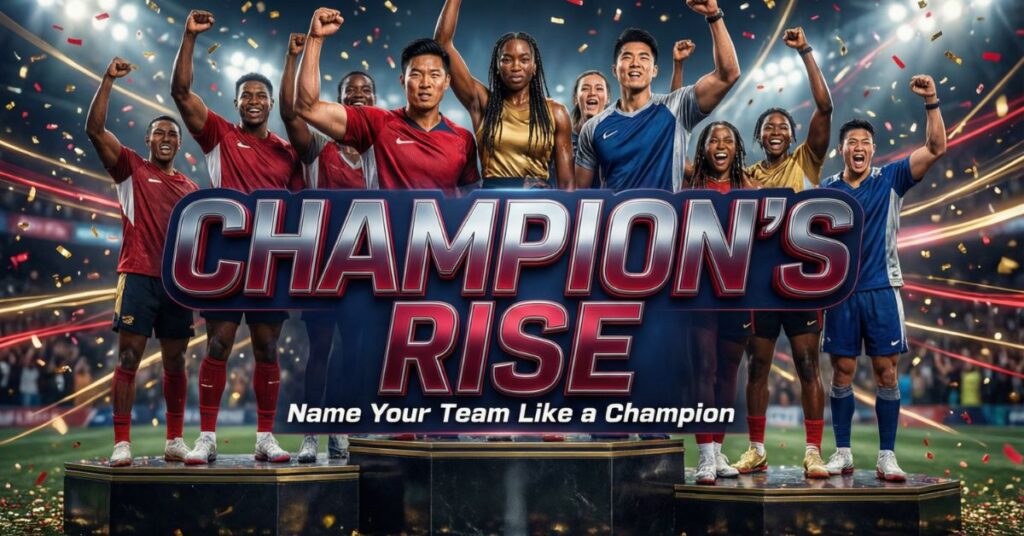 A celebratory "Champion's Rise" banner showing a diverse group of athletes standing on a podium under falling confetti with the sub-headline "Name Your Team Like a Champion."