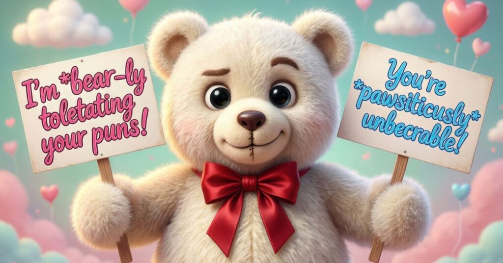 A cute, fluffy white polar bear wearing a red bowtie holds two signs. One sign says "I'm bear-ly tolerating your puns!" and the other says "You're pawsitiously unbearable!", making this a perfect image for a collection of bear puns