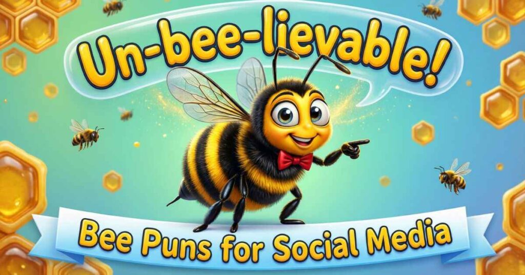 A cheerful cartoon bee wearing a red bowtie points toward the viewer on a light blue background decorated with honeycombs. A large speech bubble above it says "Un-bee-lievable!" while a banner at the bottom reads "Bee Puns for Social Media"