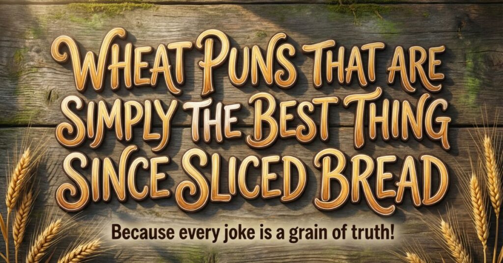 A wooden board serves as the background for large, stylized gold lettering that reads, "Wheat Puns That Are Simply The Best Thing Since Sliced Bread." The bottom of the image features the sub-text, "Because every joke is a grain of truth!" flanked by stalks of wheat.