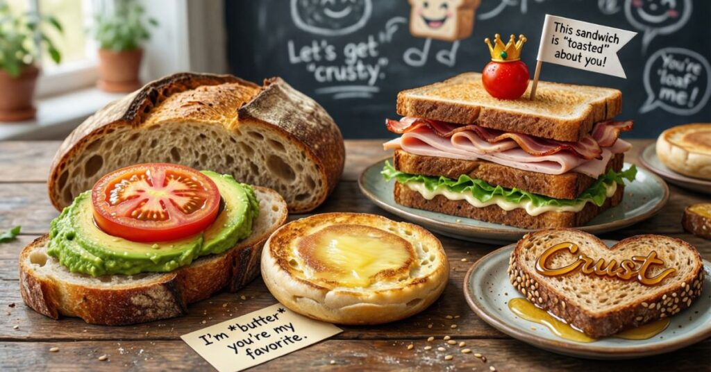 A rustic table spread featuring various bread items, including avocado toast, a buttered muffin, and a ham and bacon club sandwich. A heart-shaped slice of toast has the word "Crust" written in honey, while a small card nearby reads, "I'm butter you're my favorite."