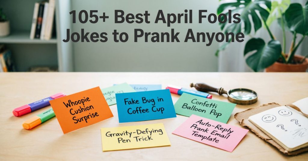 A bright, overhead shot of a desk with colorful index cards listing various prank ideas like "Whoopie Cushion Surprise" and "Fake Bug in Coffee Cup." The header text reads "105+ Best April Fools Jokes to Prank Anyone," perfectly capturing the spirit of april fools jokes