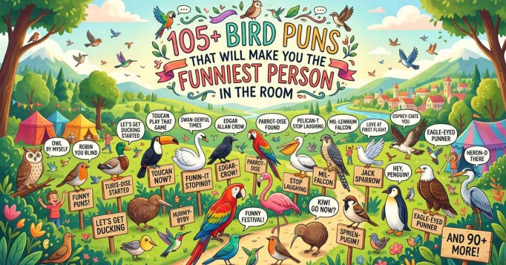 A vibrant, panoramic illustration of a lush valley filled with various species of birds like owls, ducks, and parrots. A large banner at the top reads "105+ Bird Puns That Will Make You the Funniest Person in the Room," with speech bubbles and wooden signs scattered throughout featuring individual jokes